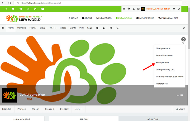 screenshot of the profile page showing the gear icon and drop navigation to Modify Cover image