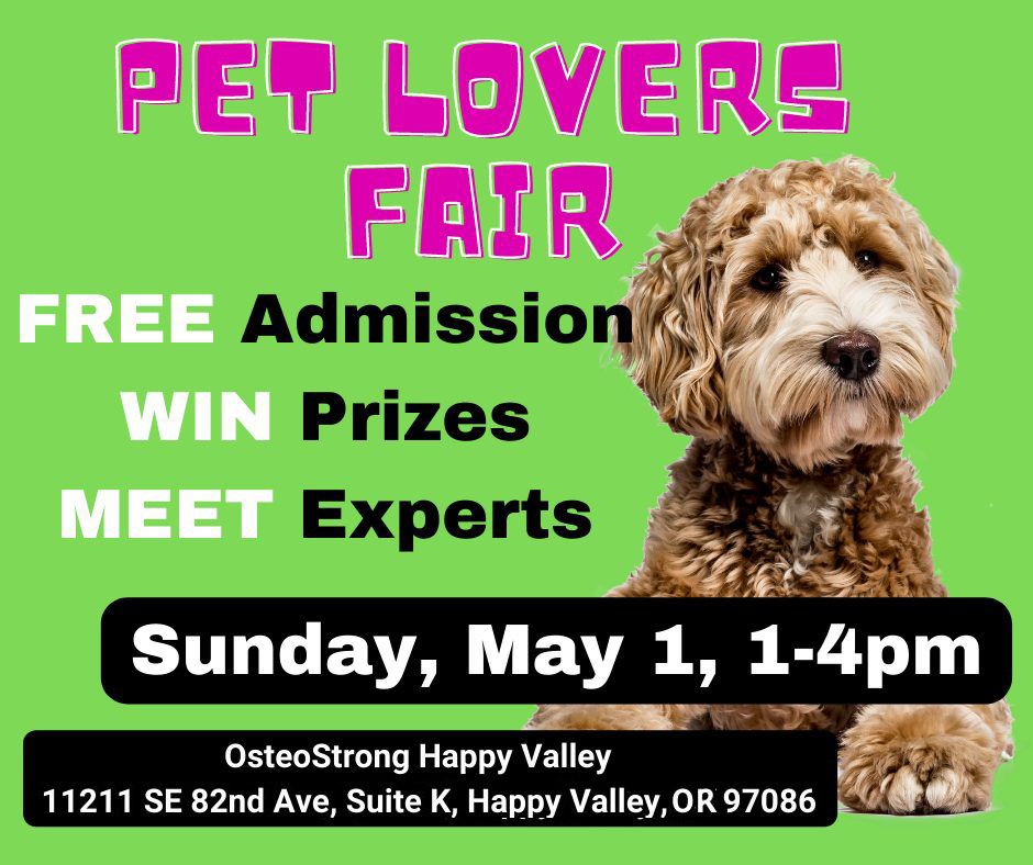 Calling All Oregon Pet Lovers!Portland's best pet professionals are coming together in one place!Meet animal communicator & author of the best selling book "SoulMate Dog".Sunday May 1st 1-4pm11211 SE 82nd Ave, Happy Valley, OR 97086-7624, United StatesLearn how to optimize your pet's wellness from the area's leading experts including:*Animal chiropractic*Pet Massage*Animal Rehab*Mobile Wellness & Veterinary Services*Dog Training & BoardingDiscover cool resources to keep your pet, and you, healthy and happy.Win prizes! Admission is free!Pets are optional - this is an inside event.